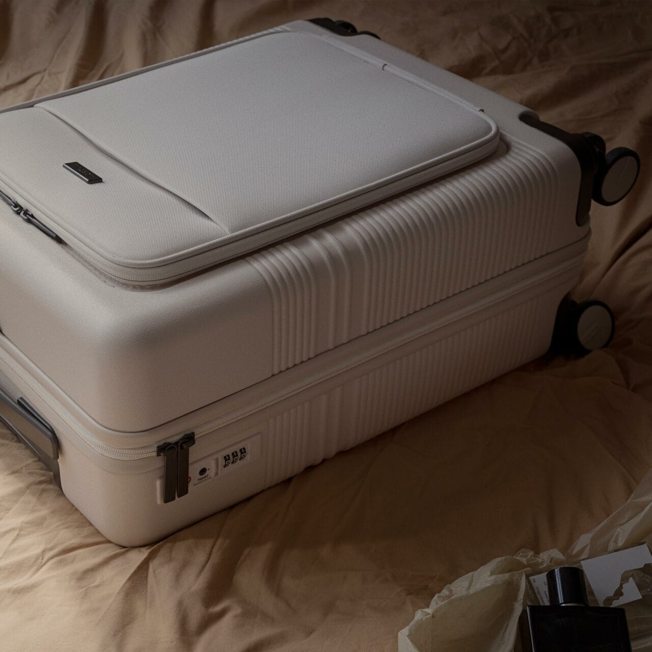 Front Pocket Carry-On Suitcase | NORTVI | Sand White | Stylish & Unique